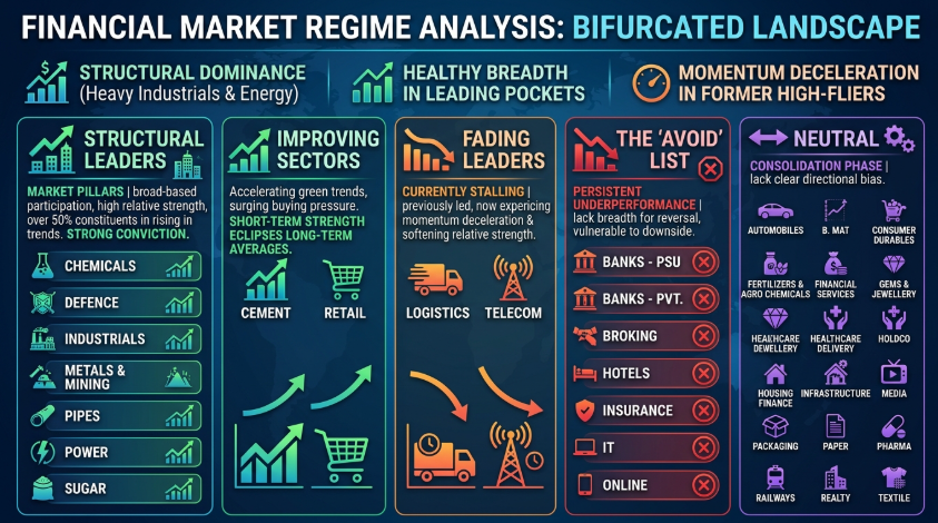 Financial market regime analysis with sector leadership breakdown